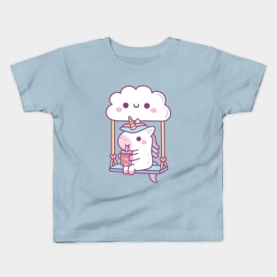 Cute Little Unicorn Drinking Bubble Tea On Cloud Swing Kids T-Shirt